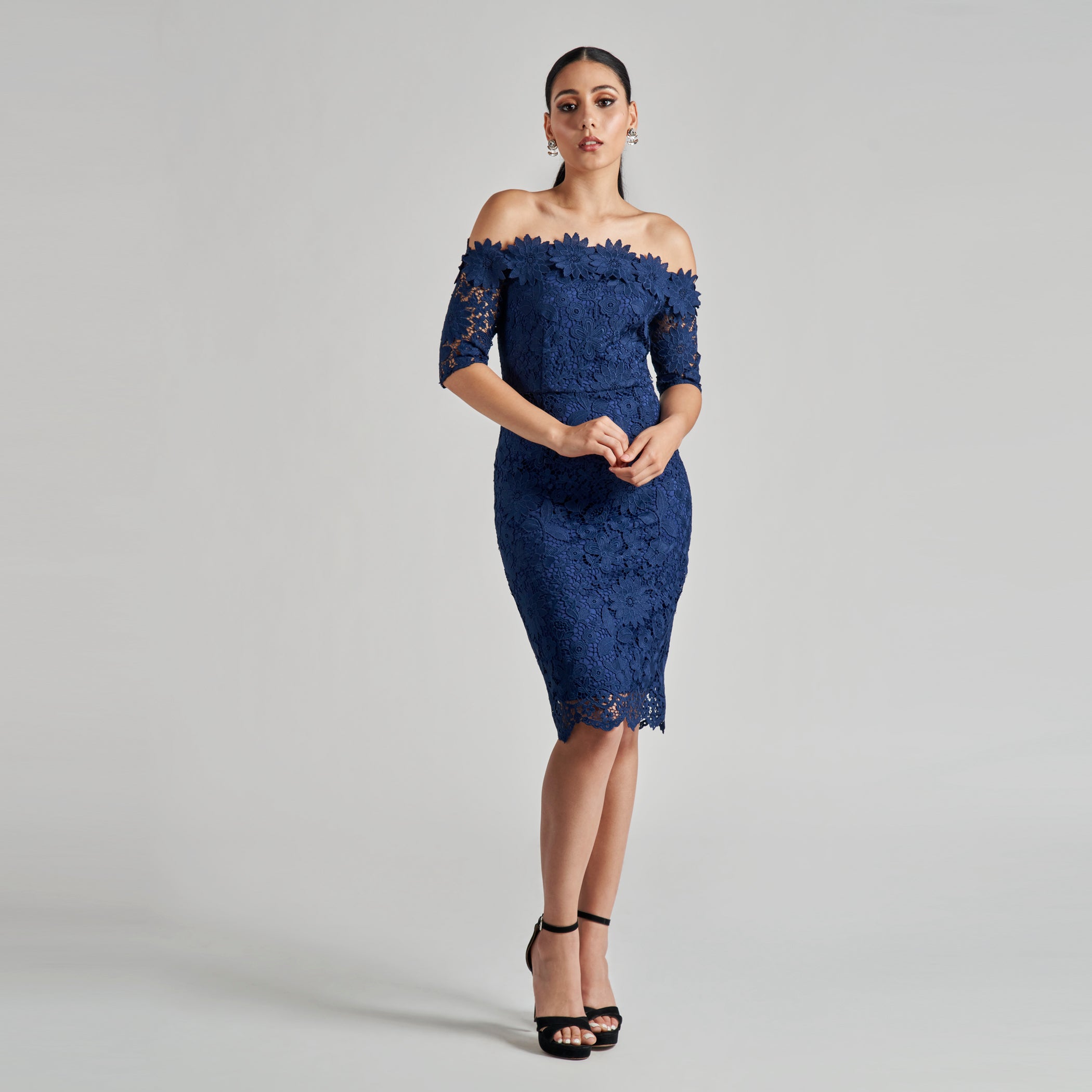 Off The Shoulder Flower Applique Sheath Off The Shoulder Flower Applique Sheath
