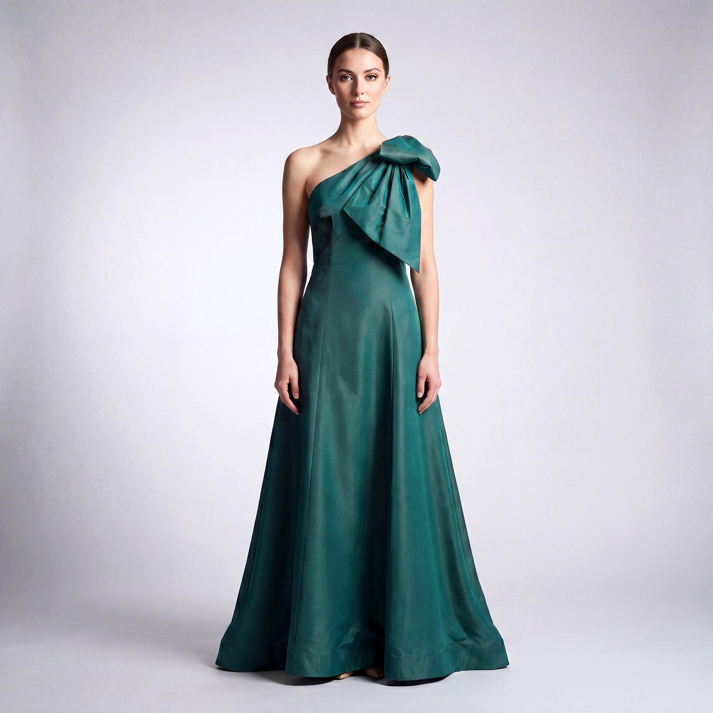 One-Shoulder Iridescent Silk Shantung Gown with Oversized Bow Accent