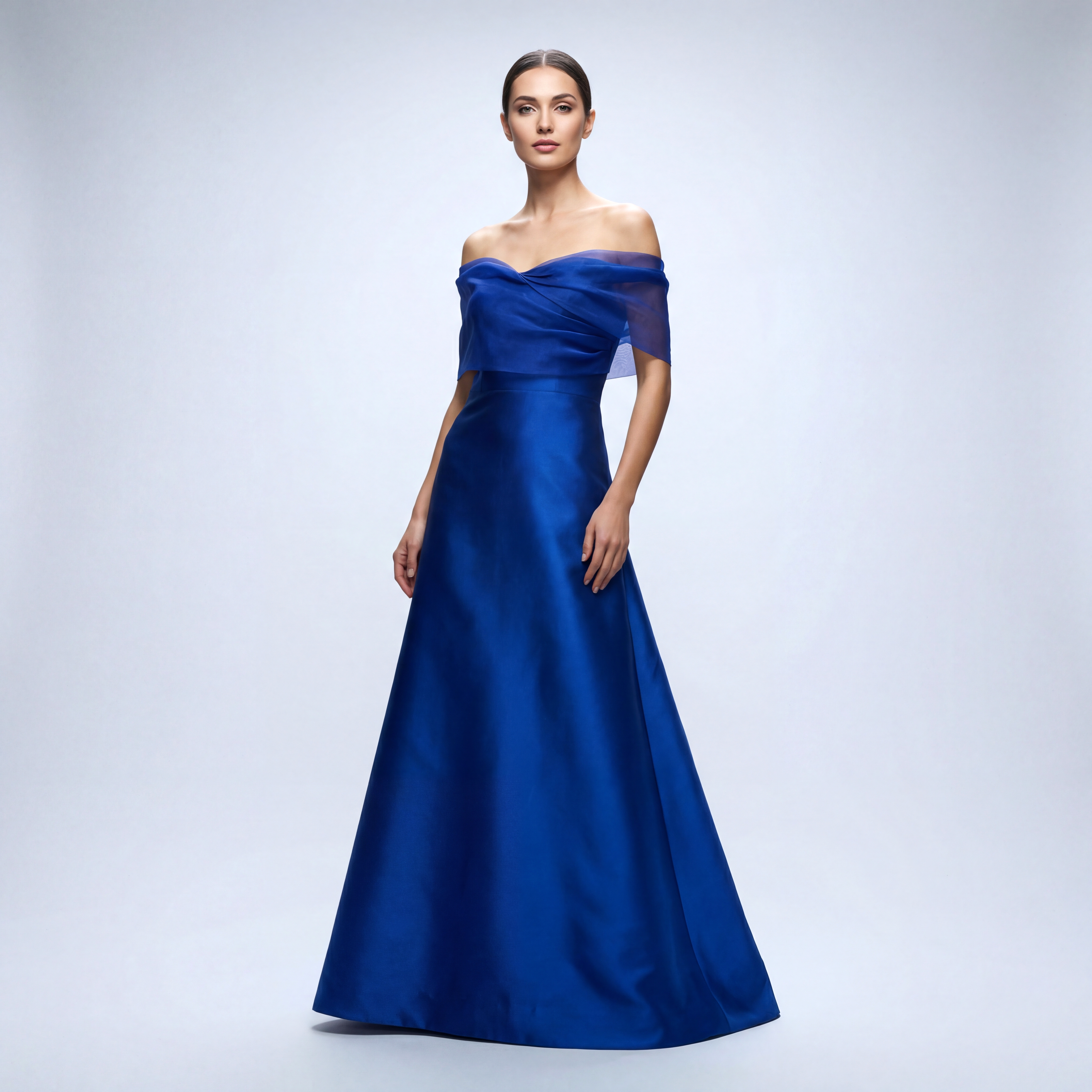 The Vivienne Off-Shoulder Gown with Silk Organza Drape