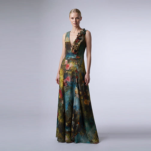 Painterly Italian Cotton Silk Maxi Dress with Handmade Floral Appliqué