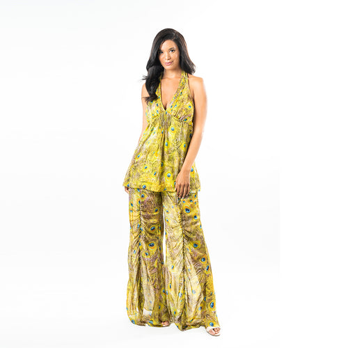 Wheather at the beach, a pool party or summer weading this breazy and sexy halter top, made out a 100% silk Printed Peacock Chiffon, will make you stand out! Pair it with our Ruched Palazzo Pant for the perfect beach vacation look!