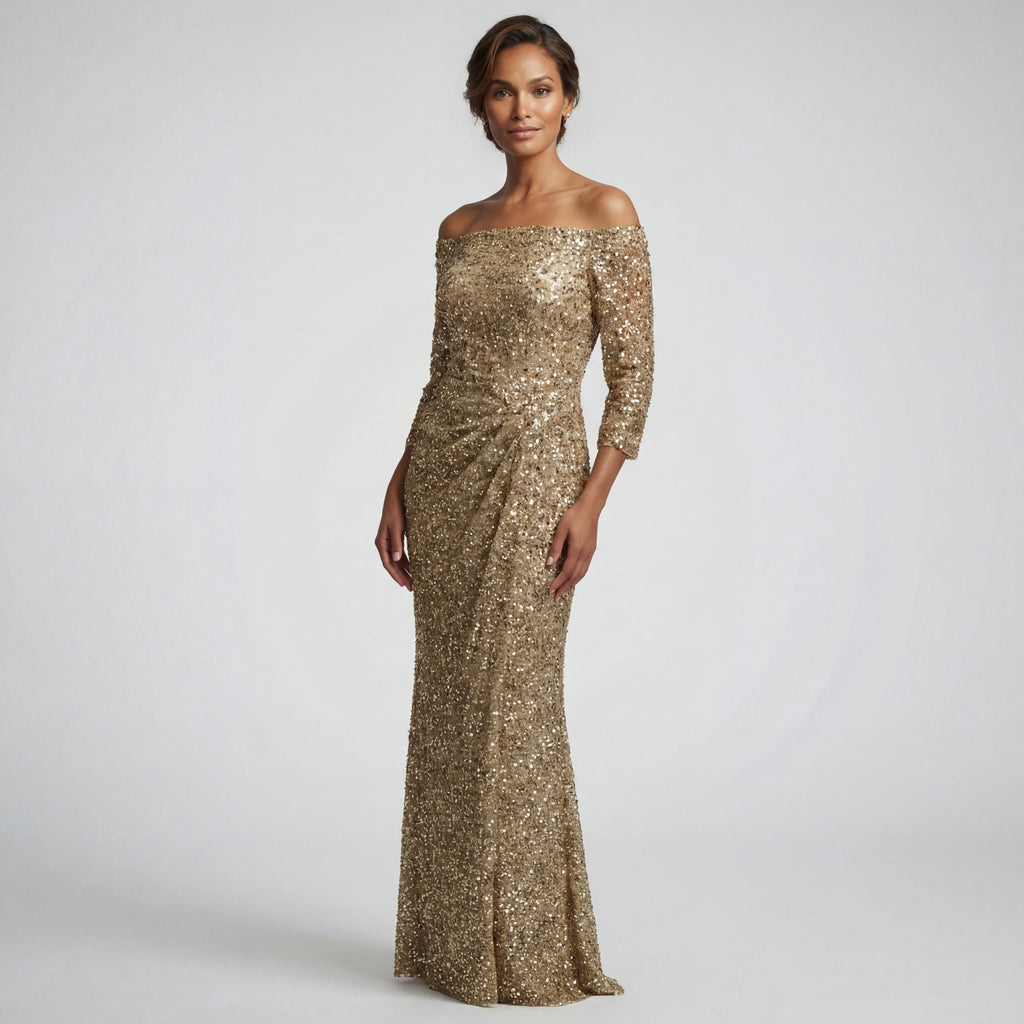 Off The Shoulder Asymmtric Pleats Gown - Cenia New York