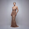 Rose Gold Beaded Mesh Halter Gown with Integrated Bustier | Made in NYC - Cenia New York