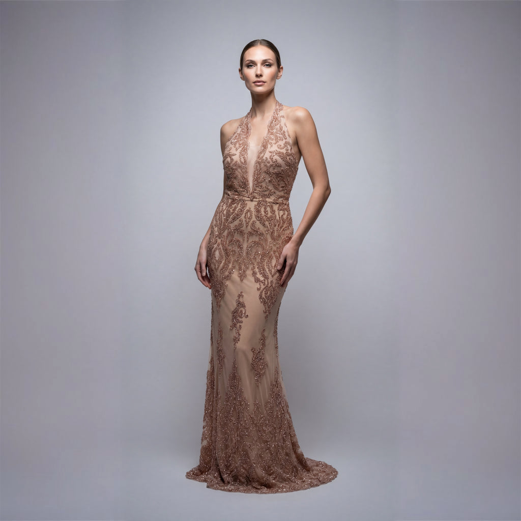 Rose Gold Beaded Mesh Halter Gown with Integrated Bustier | Made in NYC - Cenia New York