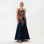 Brocade Aplique Pointed Neckline Strapples Gown