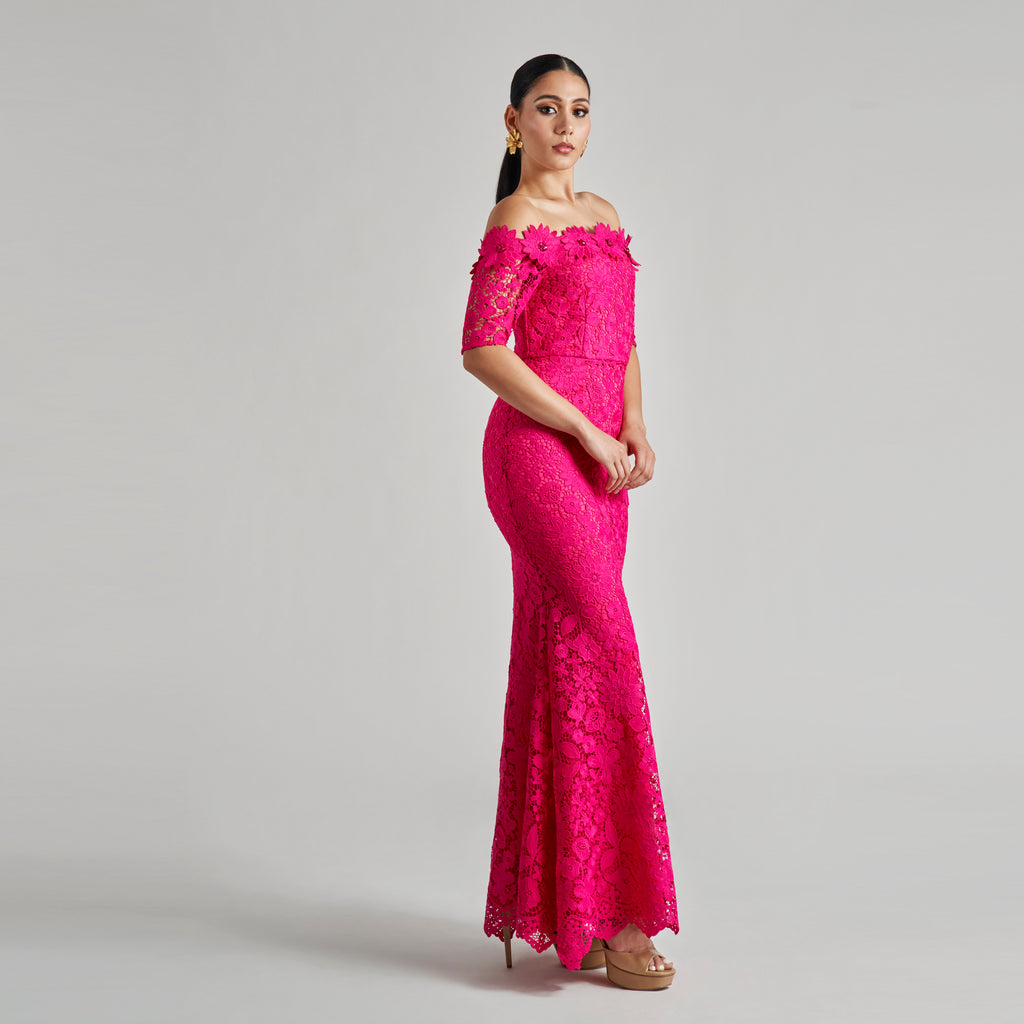 Off The Shoulder Flower Applique Mermaid Gown – Cenia New York