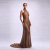 Front view of Cenia New York Mocha scalloped neck halter beaded mesh evening gown with sweep train⁠