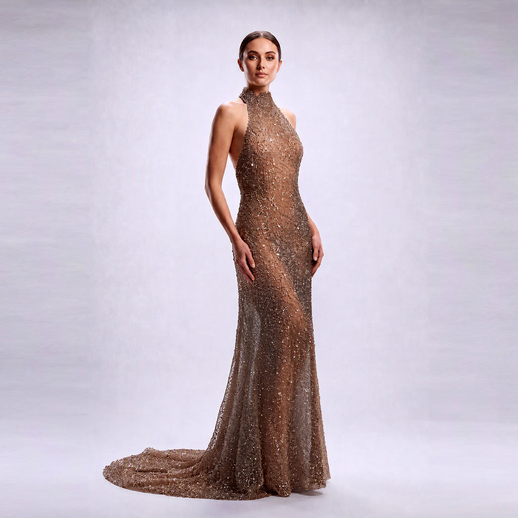 Front view of Cenia New York Mocha scalloped neck halter beaded mesh evening gown with sweep train⁠