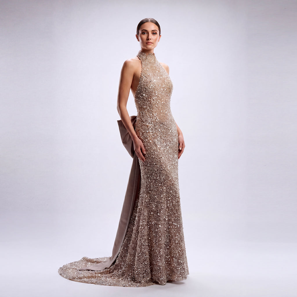 Woman wearing a sparkling evening gown on a white background