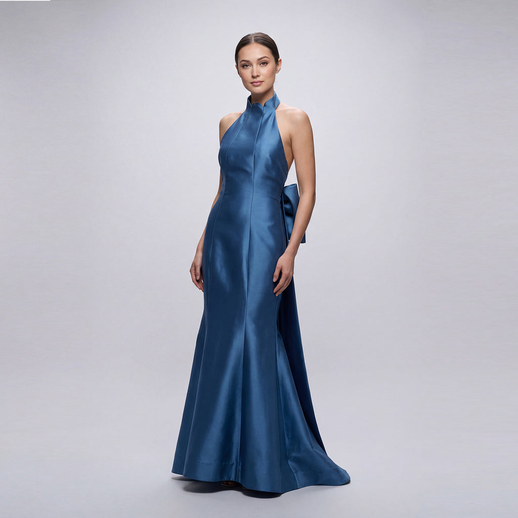 chinese dress ladies Scalloped Neck Back Bow Gown – Cenia New York