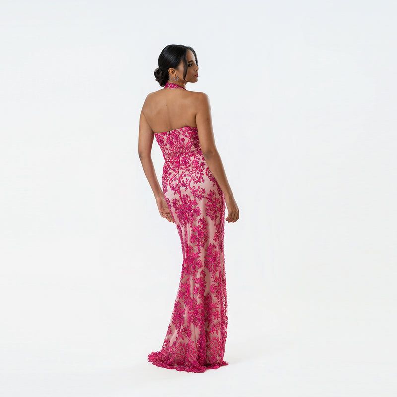 Scalloped Border Halter Beaded Gown