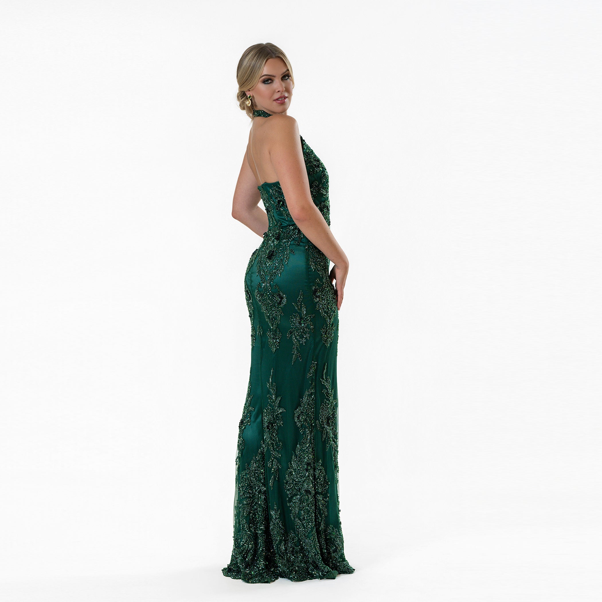Scalloped Border Halter Beaded Gown Green Scalloped Border Halter Beaded Gown Green