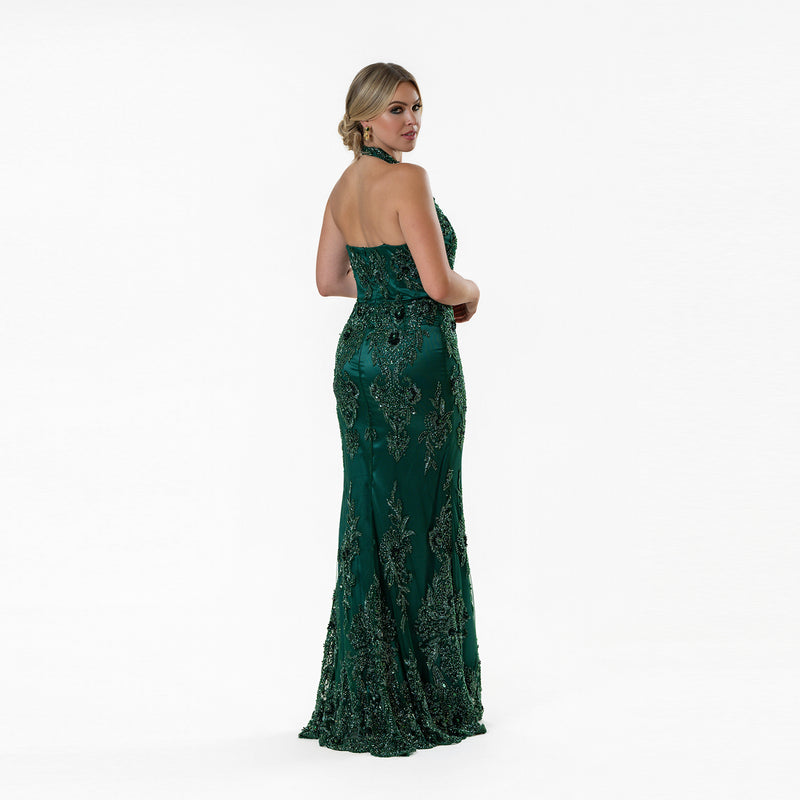 Scalloped Border Halter Beaded Gown Green