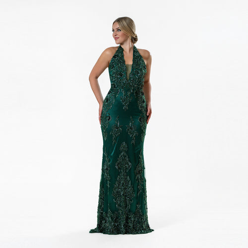 Scalloped Border Halter Beaded Gown Green