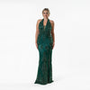 Scalloped Border Halter Beaded Gown Green