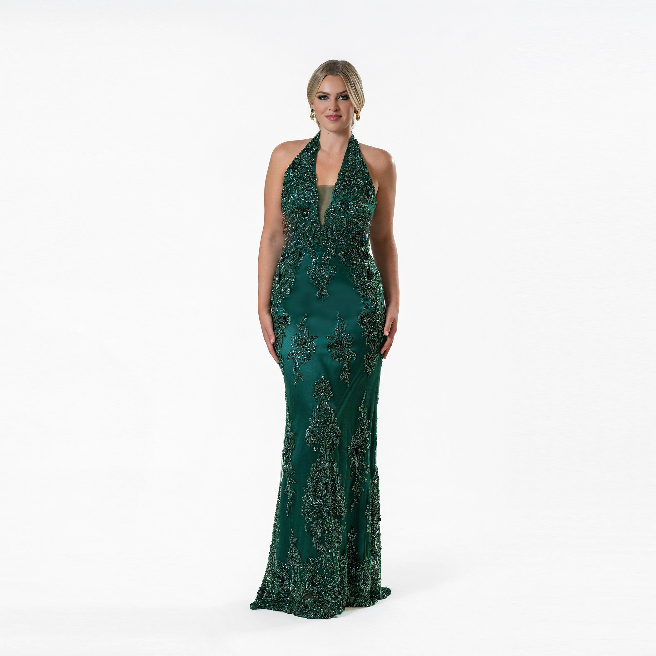 Scalloped Border Halter Beaded Gown Green Scalloped Border Halter Beaded Gown Green