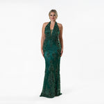Scalloped Border Halter Beaded Gown Green