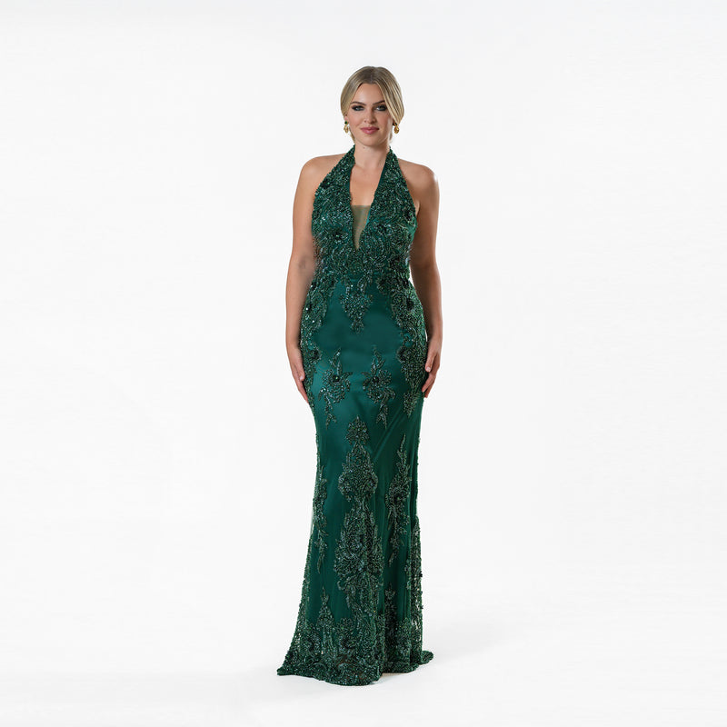 Scalloped Border Halter Beaded Gown Green