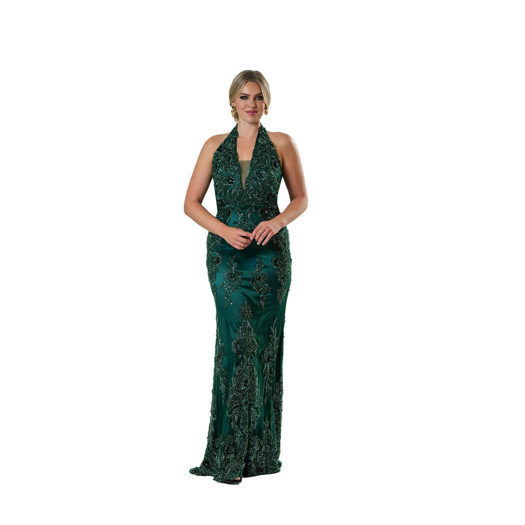 Scalloped Border Halter Beaded Gown Green