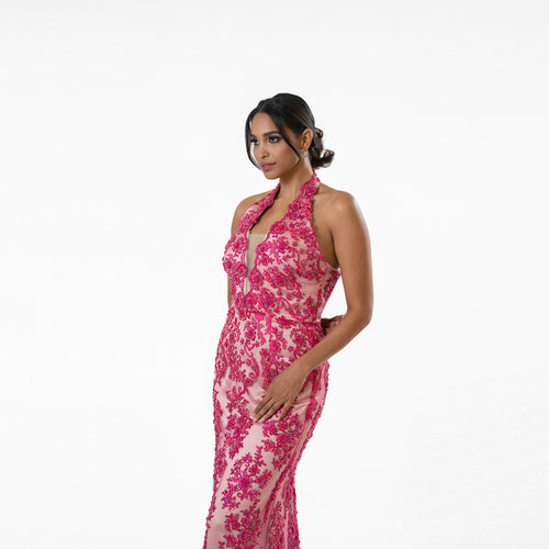 Scalloped Border Halter Beaded Gown