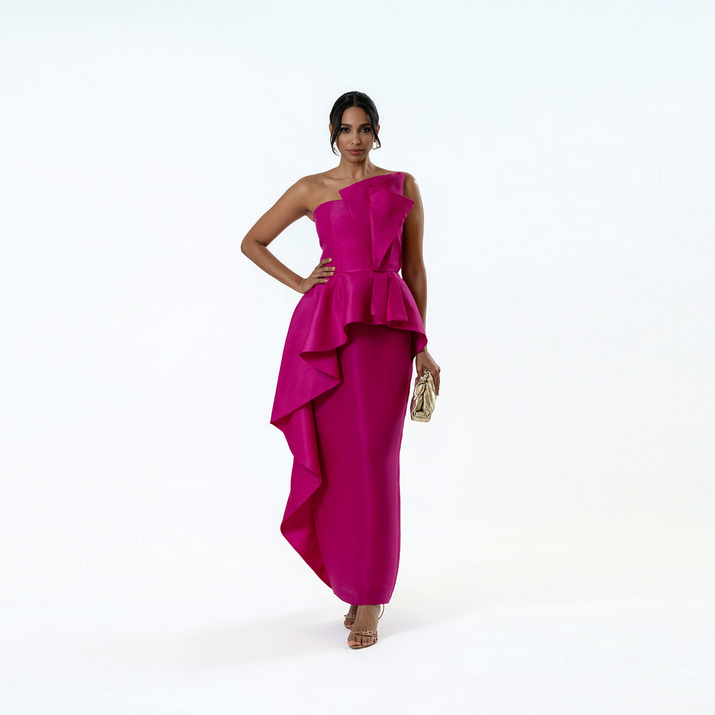 Origami Asymmetric Pleplum Strapless Gown