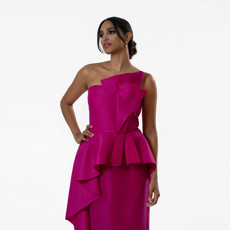 Origami Asymmetric Pleplum Strapless Gown