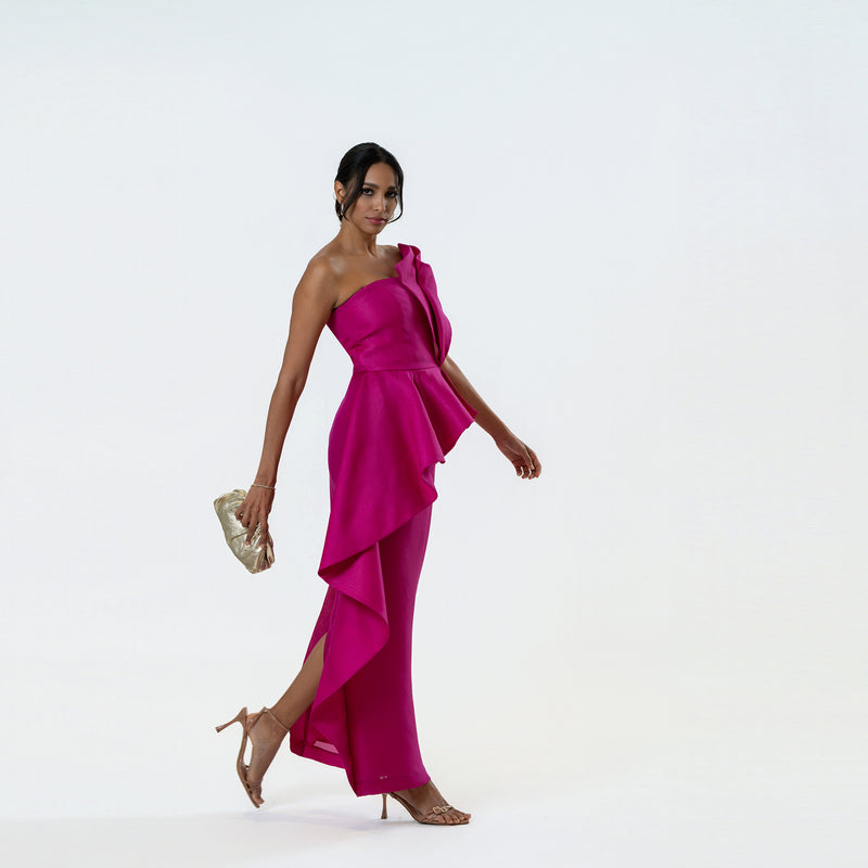 Origami Asymmetric Pleplum Strapless Gown