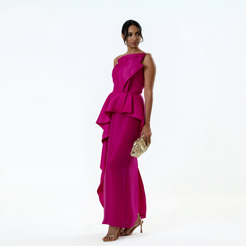 Origami Asymmetric Pleplum Strapless Gown