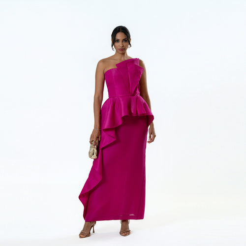 Origami Asymmetric Pleplum Strapless Gown