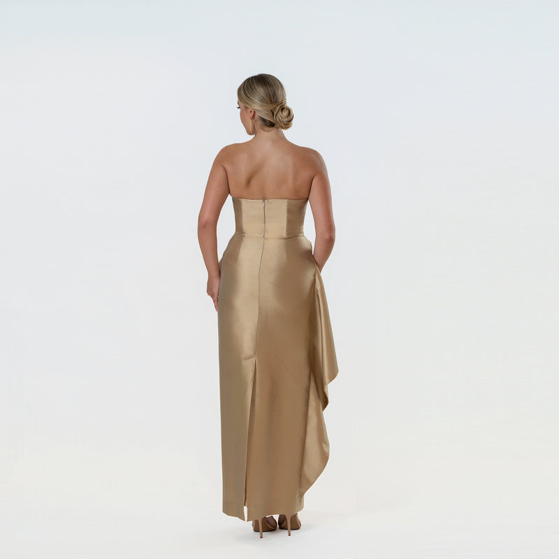 Origami Asymmetric Pleplum Strapless Gown
