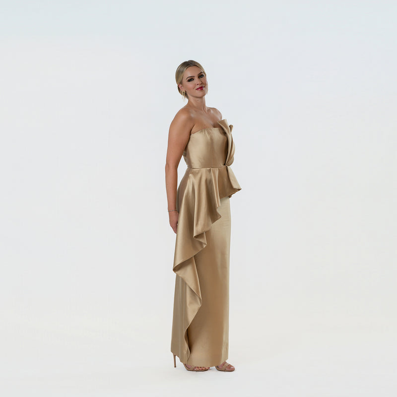 Origami Asymmetric Pleplum Strapless Gown