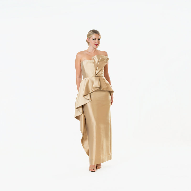 Origami Asymmetric Pleplum Strapless Gown