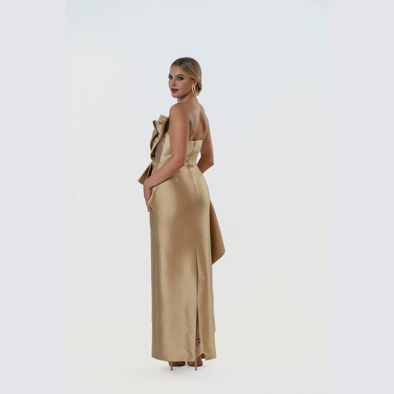 Origami Asymmetric Pleplum Strapless Gown