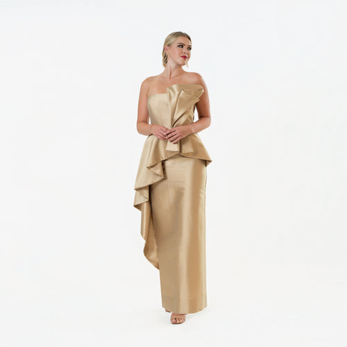Origami Asymmetric Pleplum Strapless Gown