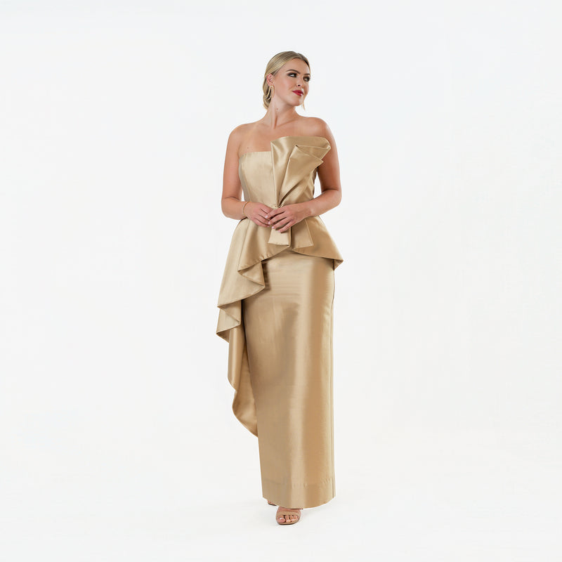 Origami Asymmetric Pleplum Strapless Gown