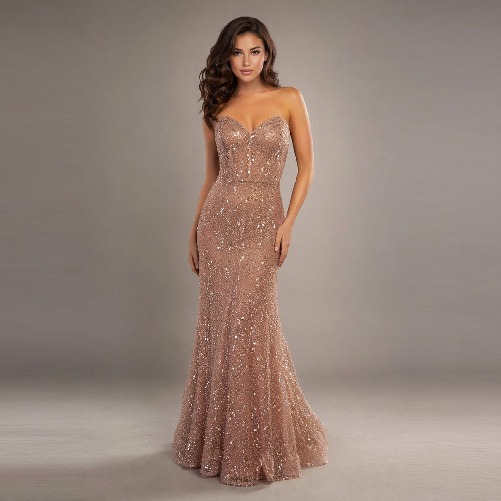 Strapless Beaded Mesh Gown with Built-In Bustier | Cenia New York