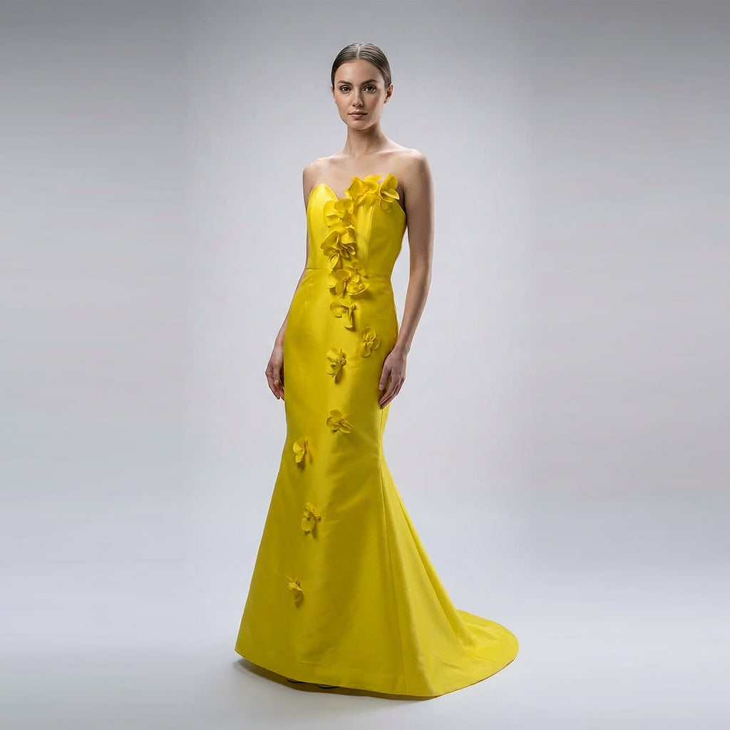 Strapless 3D Cascading Flowers Gown - Cenia New York