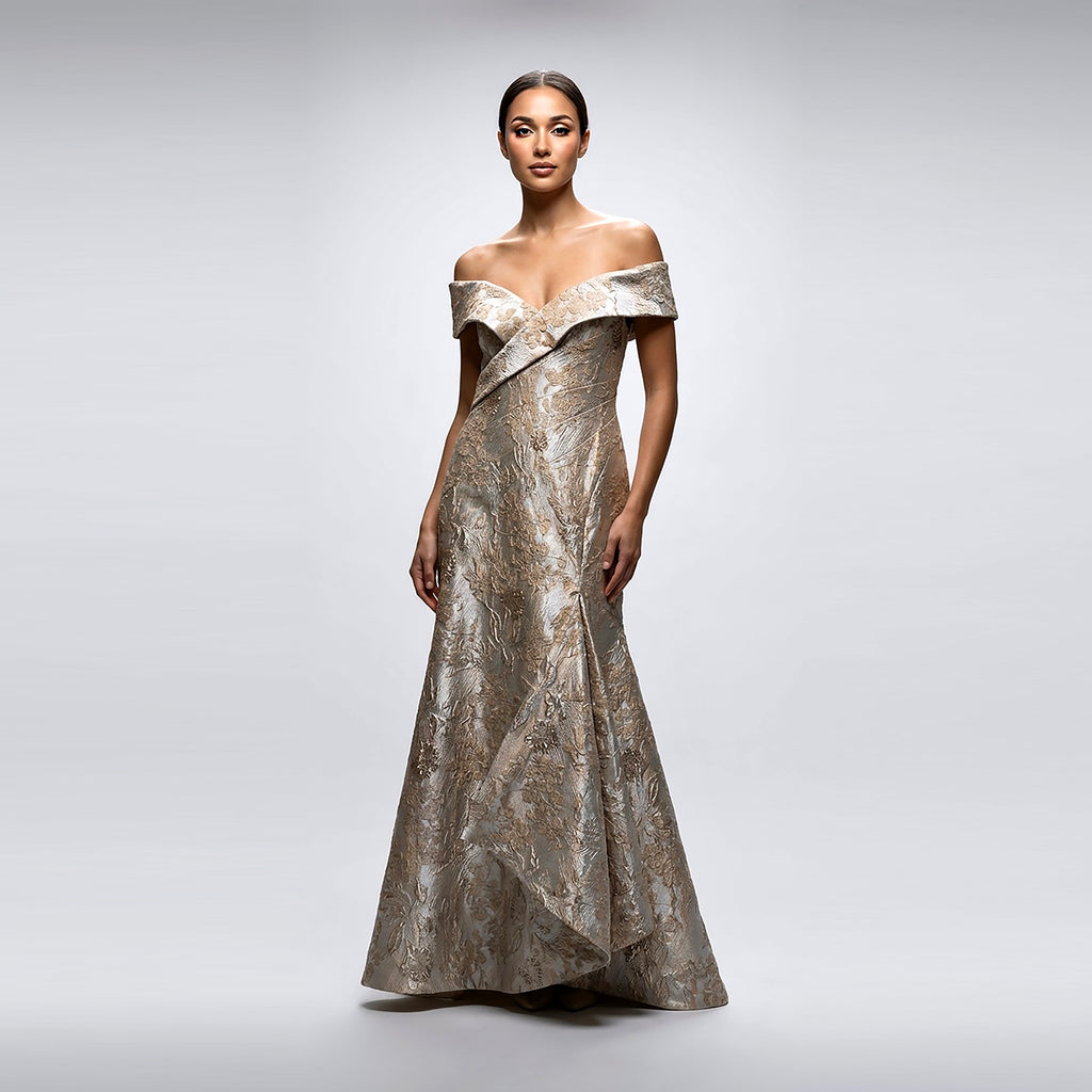 Off The Shoulder Asymmetric Flounce Gown - Cenia New York