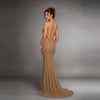 Strapless Beaded Mesh Evening Gown with Low Back & Train