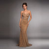 Strapless Beaded Mesh Evening Gown with Low Back & Train