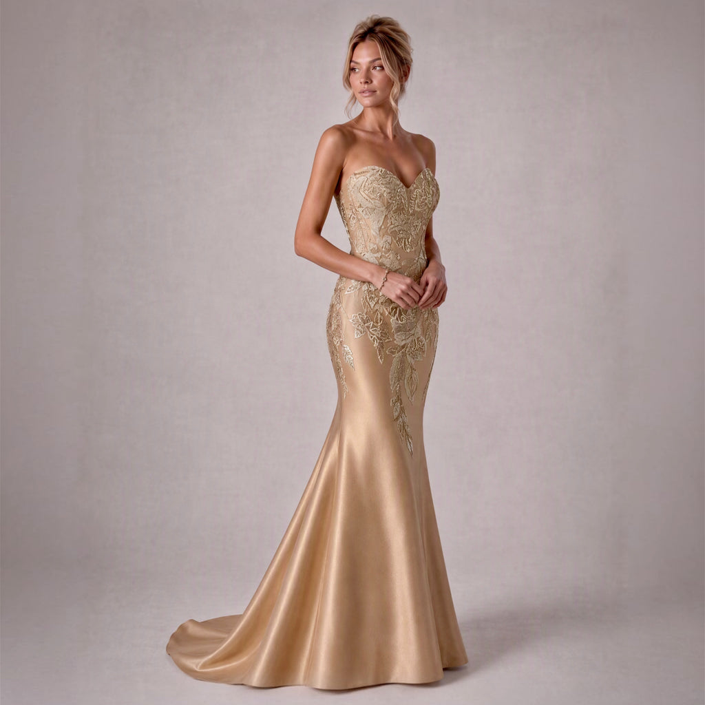 Sweetheart Neckline Trumpet Gown with Hand-Placed Lurexed Brocade Appliqué - Cenia New York