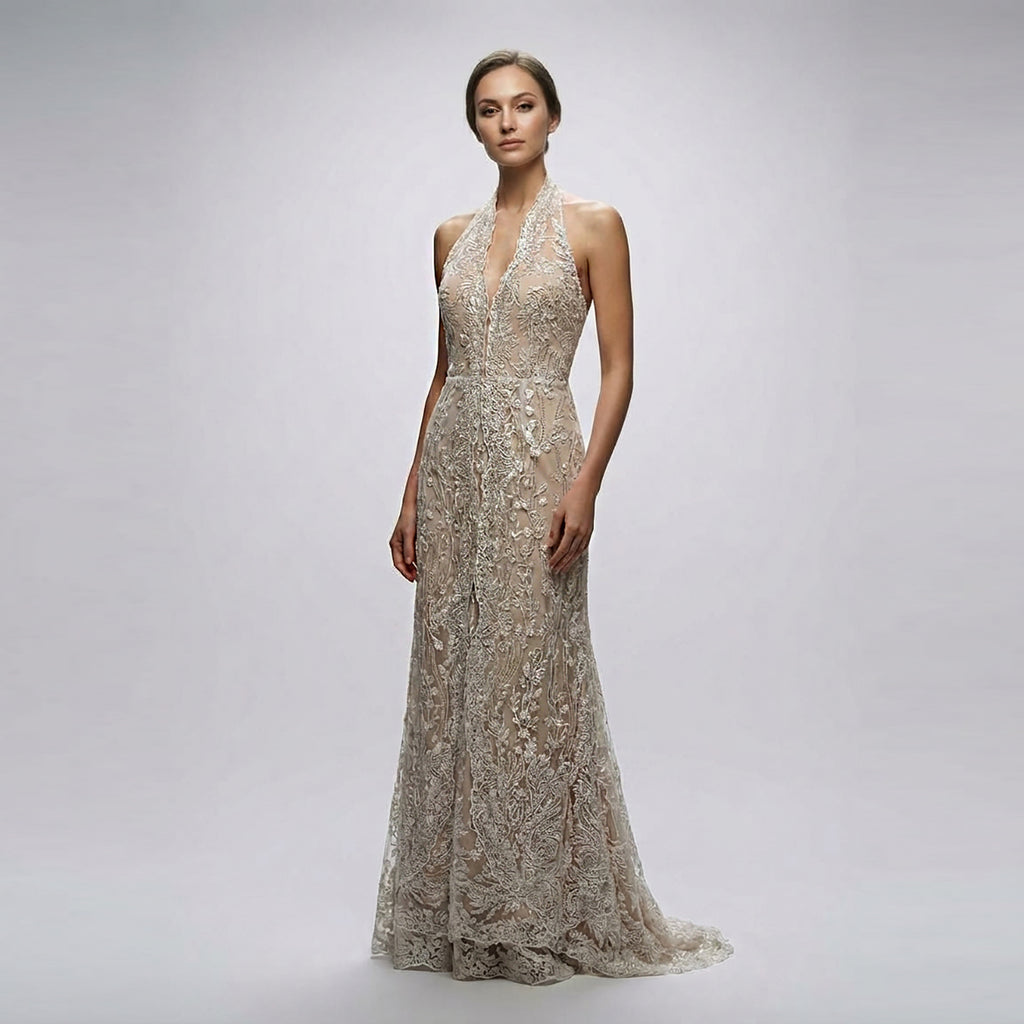 Halter Kissing Scallops Gown - Cenia New York