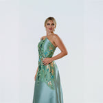 Brocade Aplique Pointed Neckline Strapples Gown