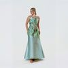 Brocade Aplique Pointed Neckline Strapples Gown