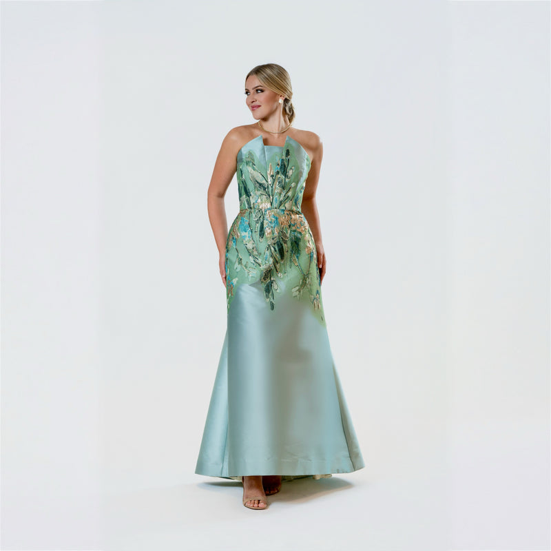 Brocade Aplique Pointed Neckline Strapples Gown