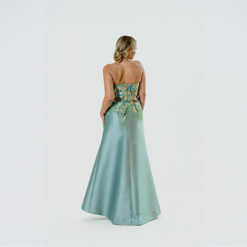 Brocade Aplique Pointed Neckline Strapples Gown