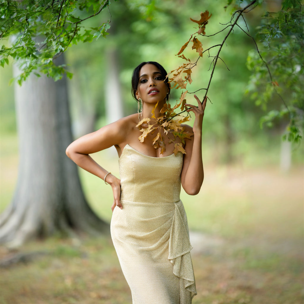 Strapples Draped Ruffle Gown