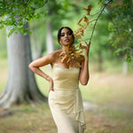 Strapples Draped Ruffle Gown