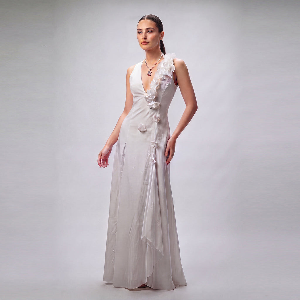 Maxi Dress with Handmade 3D Floral Appliqué