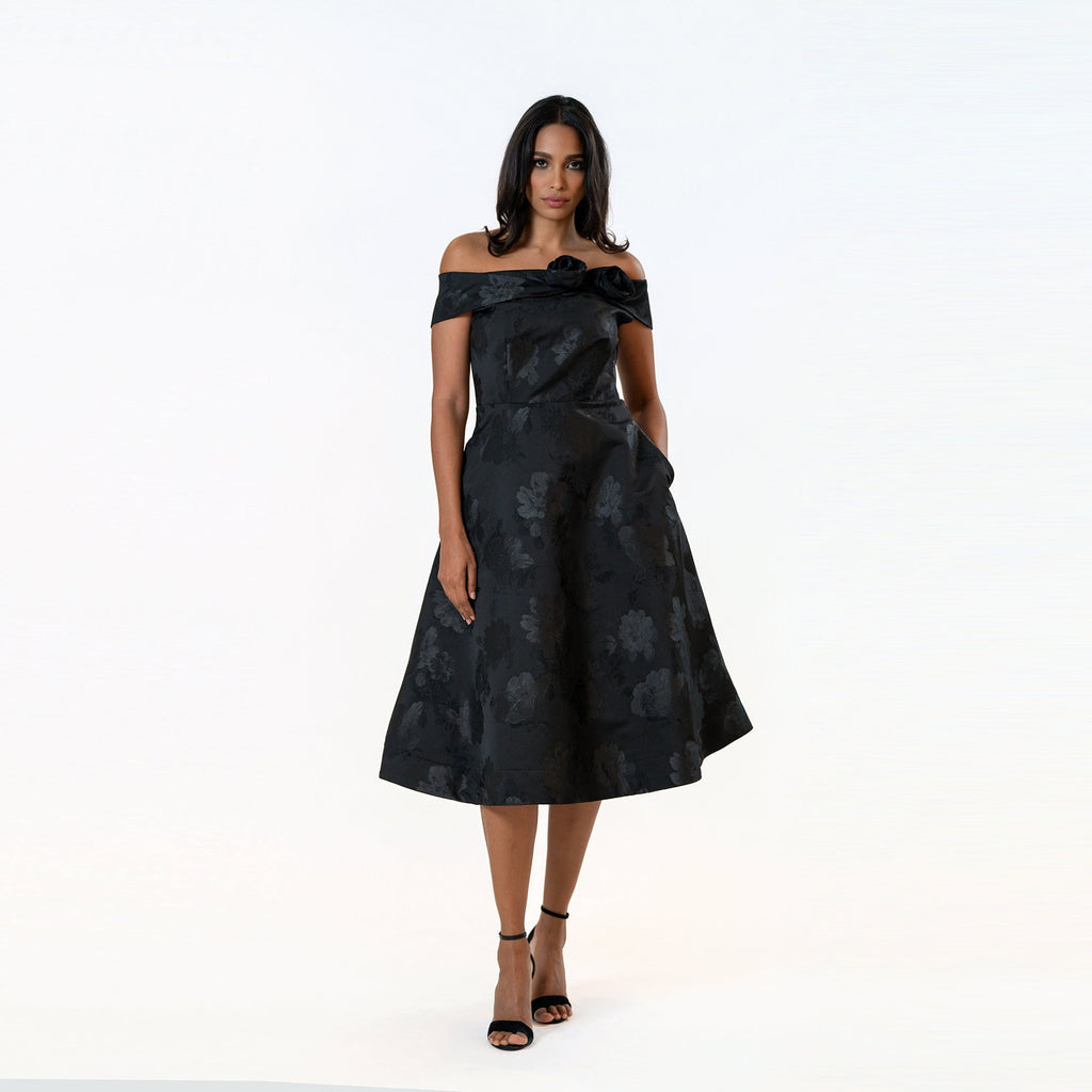 Off The Shoulder Rossette Fit & Flare Dress - Cenia New York